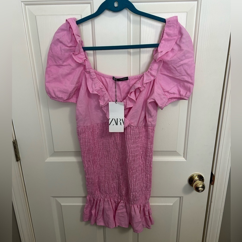ZARA Linen Blend Ruched Mini Dress Puff Sleeve Size Medium Bloggers Favorite New